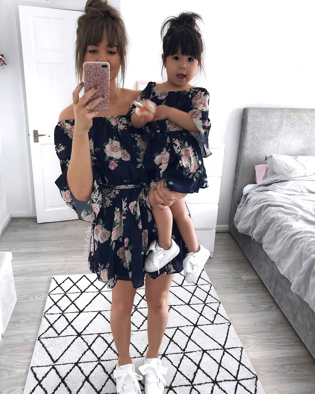 Digital Print Matching Family Dresses with Belt