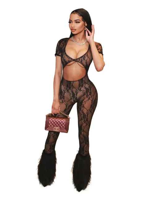 Load image into Gallery viewer, Women&#39;s Sexy Lace Sleeve Cropped Jumpsuit Trousers
