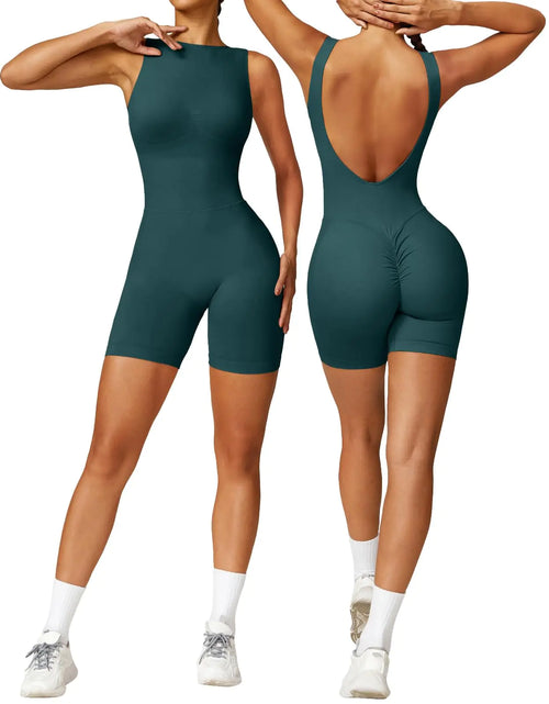 Load image into Gallery viewer, OEAK Womens Sleeveless Jumpsuits Seamless Shorts Unitards Scrunch Butt Lift Bodysuits Tummy Control Tank Top Workout Bodycon Blackish Green XS
