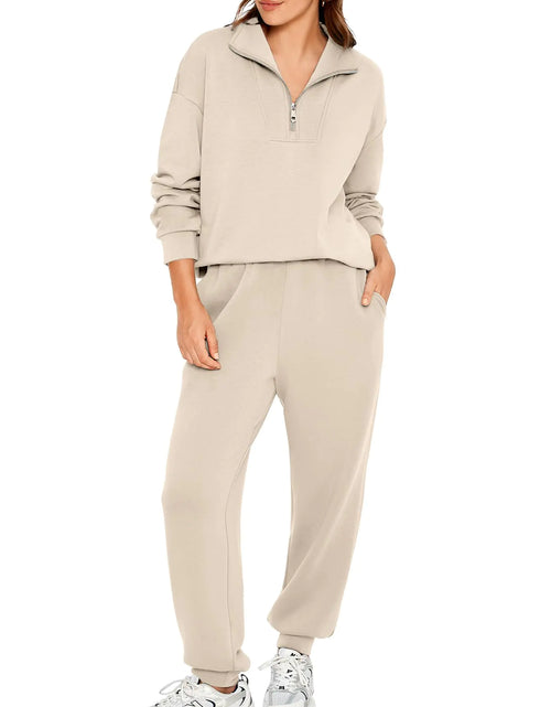 Load image into Gallery viewer, Glamaker Womens 2 Piece Outfits Sweatsuits Set Half Zip Long Sleeve Sweatshirts Joggers Sweatpants Tracksuit(Khaki L)
