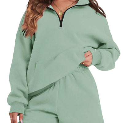 FKEEP Womens Sweatsuits 2 Piece Outfits Half Zip Sweatshirt Sweat Shorts with Pockets Lounge Sets(GreenXX-Large)