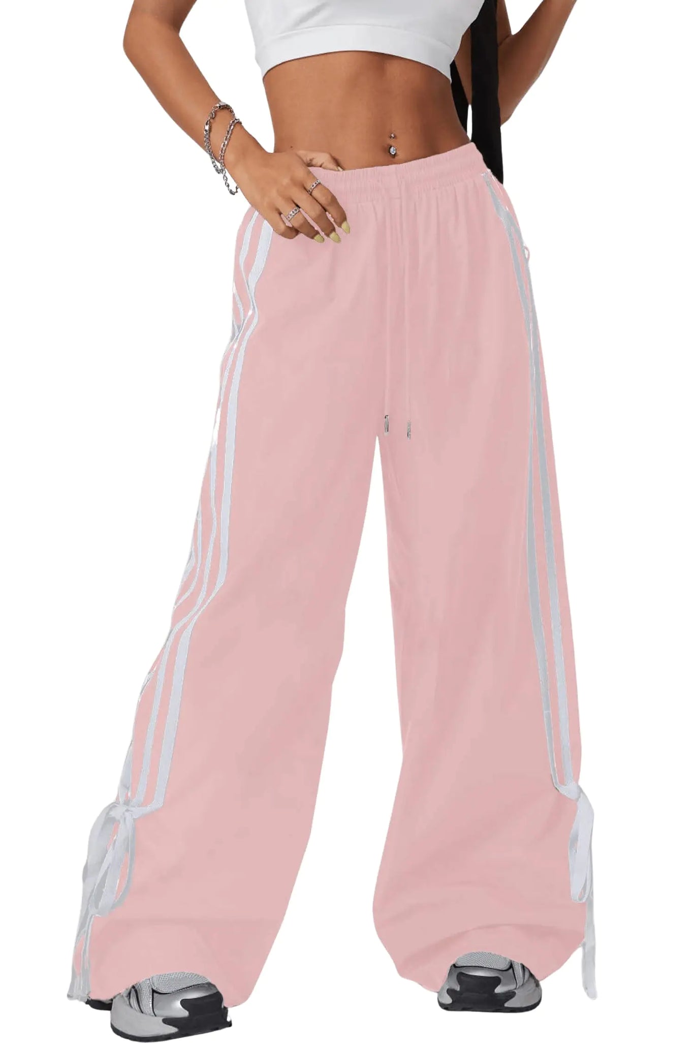 BEAUDRM Pantalones para mujer Y2K Baggy con lazo, de pierna ancha, a rayas, con cintura elástica, largos, deportivos, estilo paracaídas, color rosa, talla L