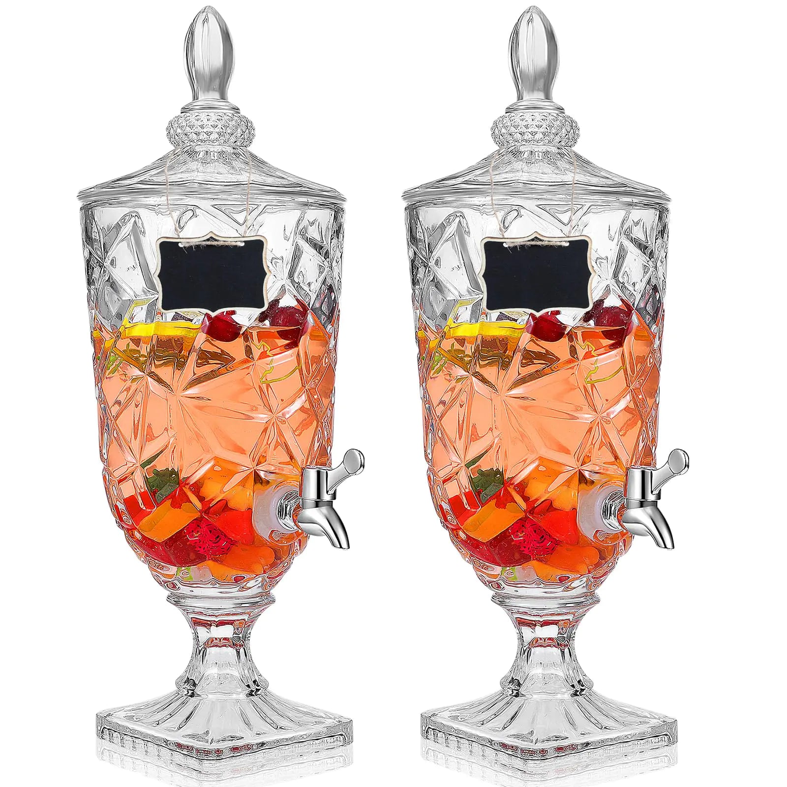 Zhehao 2 Pcs Drink Dispensers for Parties 1.3 Gallon Glass Beverage Dispenser Clear Vintage Crystal Iced Beverage Dispenser with Spigot and 2 Wooden Chalkboard Wide Mouth Beverage Server for Bar Home