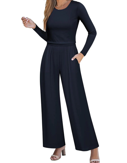 Load image into Gallery viewer, Nlife Long Sleeves Flare Jumpsuit with Pockets Women Crew Neck Zipper Back Bell Bottom Romper Halter Jumper Wide leg Bodysuits
