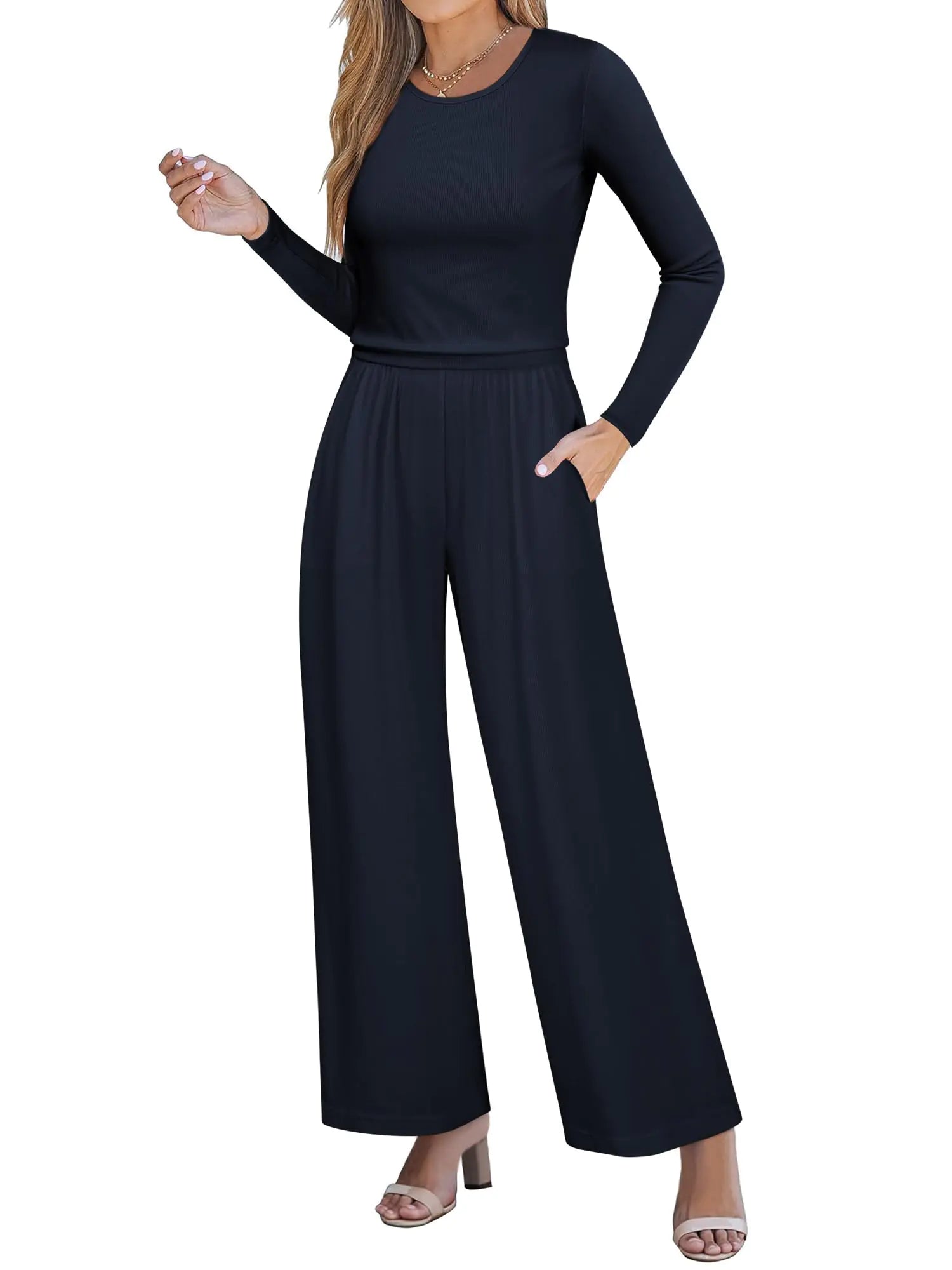 Nlife Long Sleeves Flare Jumpsuit with Pockets Women Crew Neck Zipper Back Bell Bottom Romper Halter Jumper Wide leg Bodysuits
