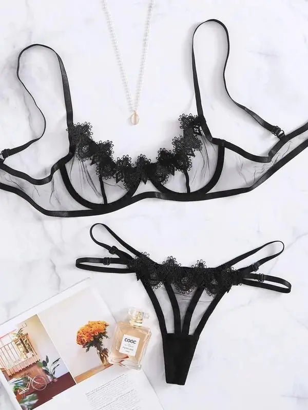 Conjunto de lencería de encaje floral con aros para mujer