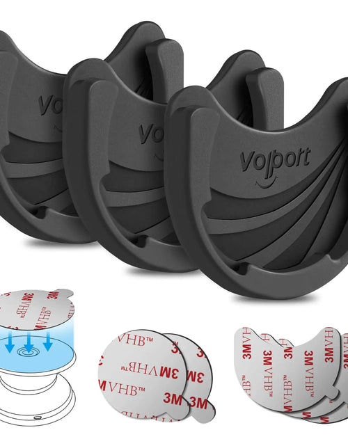 Cargar imagen en el visor de la galería, Soportes de coche para agarres de soporte de teléfono, paquete de 3, soportes de teléfono de silicona Pops, para usuarios de soportes expansibles/intercambiables con base adhesiva 3M de repuesto para pegar en la pared, salpicadero, espejo, hogar - Negro
