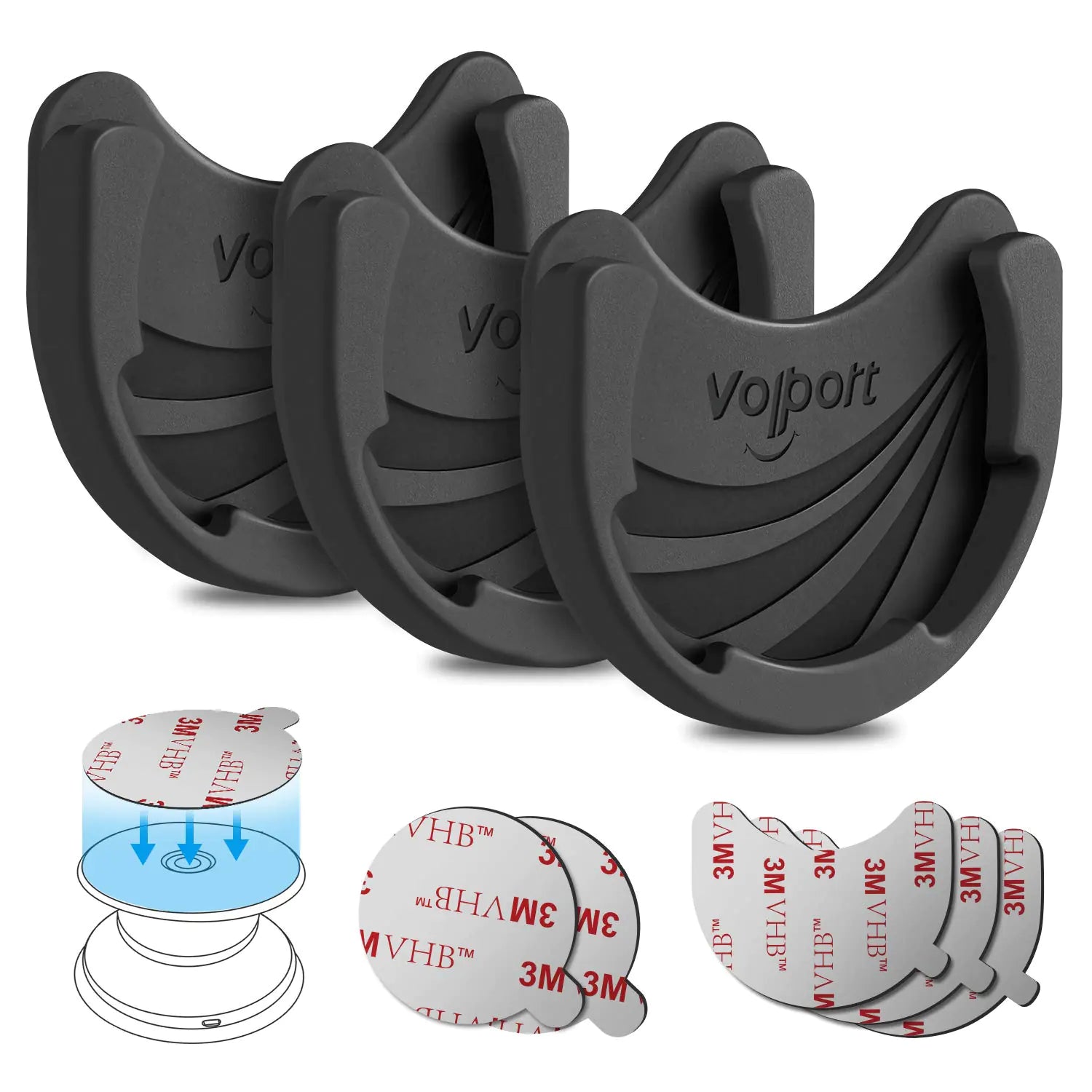 Soportes de coche para agarres de soporte de teléfono, paquete de 3, soportes de teléfono de silicona Pops, para usuarios de soportes expansibles/intercambiables con base adhesiva 3M de repuesto para pegar en la pared, salpicadero, espejo, hogar - Negro
