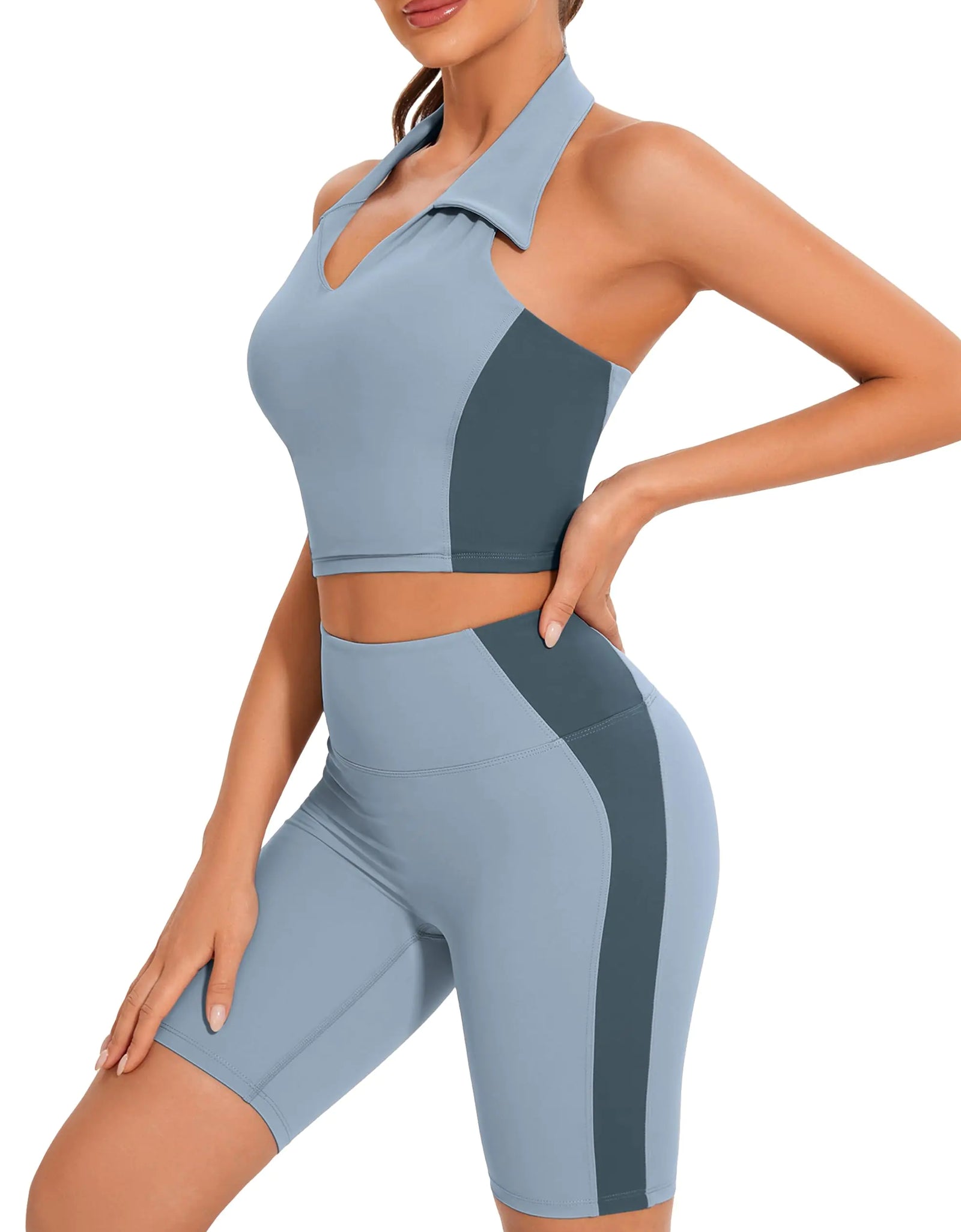 Womens Workout Sets 2 Piece Backless Top and High Waist Shorts Yoga Outfits Trendy Colorblock Summer Gym Clothes