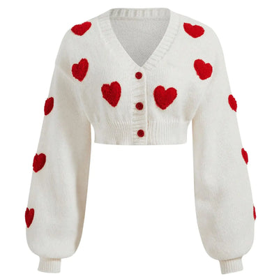 GORGLITTER Cárdigans Cortos con Botones de Cerezas para Mujer Manga Larga Cuello V Coquette Suéteres Corazón Blanco Talla XL