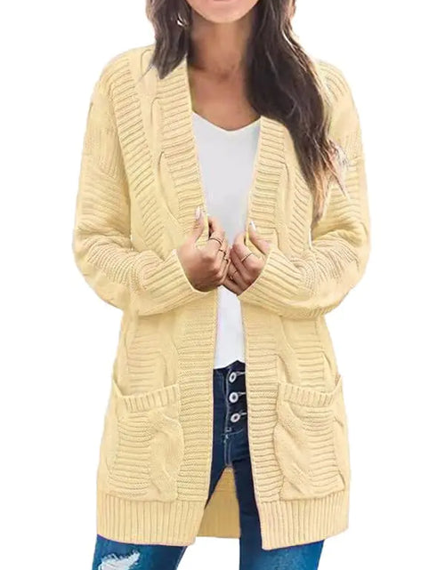 Load image into Gallery viewer, Andongnywell Womens Cable Knit Open Front Chunky Cardigans Sweaters Boyfriend Sweaters Overcoats Outwear Mid-Length Apricot
