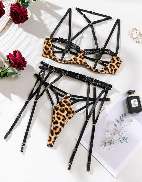 Load image into Gallery viewer, Fetish Lingerie Leopard Print Cutout Set with Stockings
