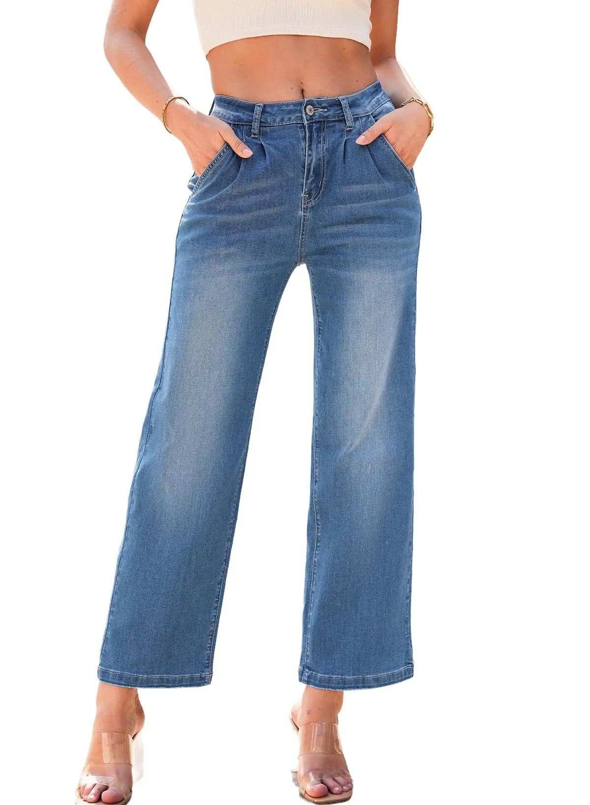 Astylish Jeans para mujer de cintura alta, pierna ancha, holgados, elásticos, cropped, a la moda para mujer 2024 Ashleigh Blue Talla 8