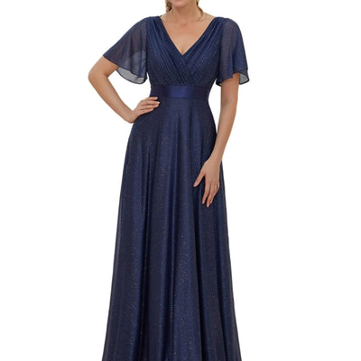 Ever-Pretty Womens Evening Dresses V Neck Short Sleeves A-line Glitter Formal Dresses Navy Blue US20