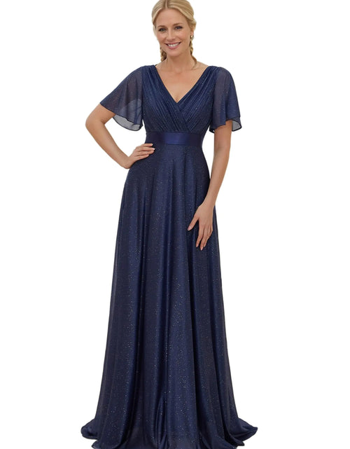 Load image into Gallery viewer, Ever-Pretty Womens Evening Dresses V Neck Short Sleeves A-line Glitter Formal Dresses Navy Blue US20
