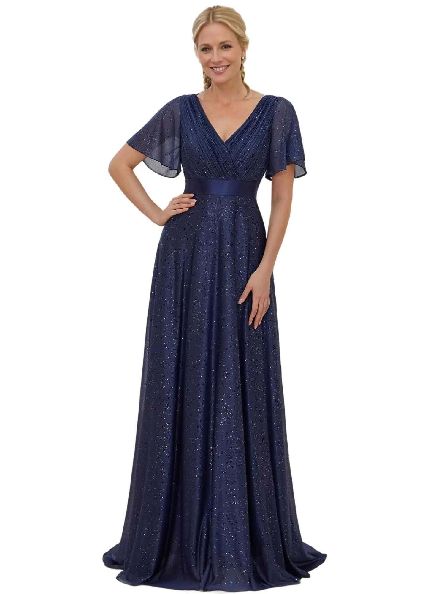 Ever-Pretty Womens Evening Dresses V Neck Short Sleeves A-line Glitter Formal Dresses Navy Blue US20