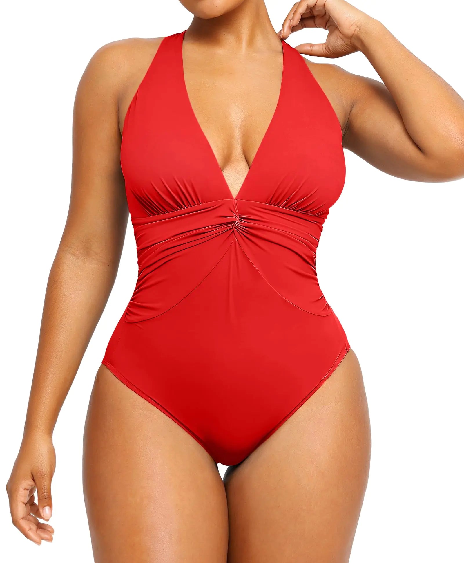 SHAPELLX Shapewear Swimsuits for Women Tummy Control V Neck One Piece Crisscross Back Bathing Suit（Red XXX-Large）