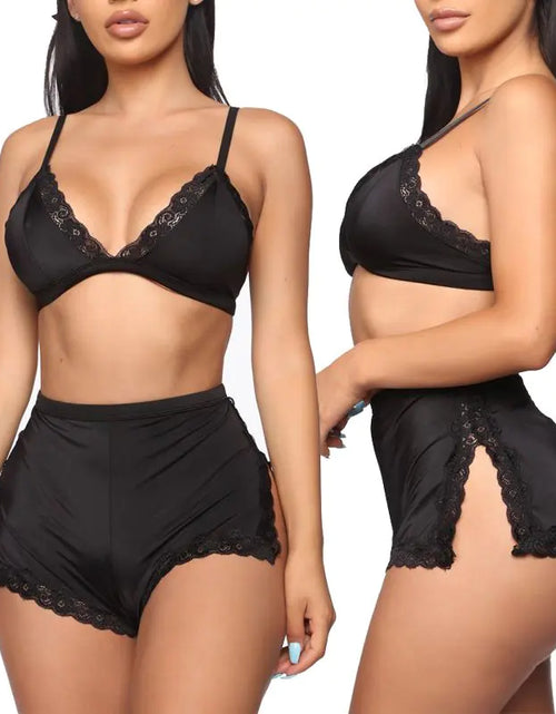 Charger l'image dans la visionneuse de galerie, Ensemble de Lingerie et Vêtements de Nuit en Dentelle à Col V Plongeant pour Femme
