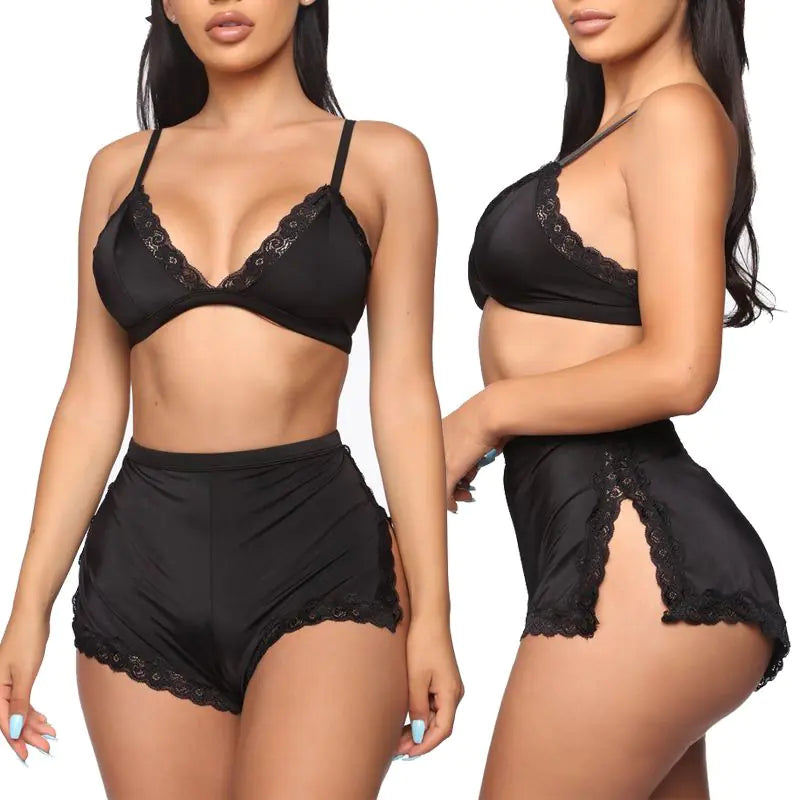 Ensemble de Lingerie et Vêtements de Nuit en Dentelle à Col V Plongeant pour Femme