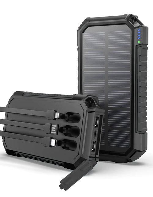 Cargar imagen en el visor de la galería, Hiluckey Cargador Solar 27000mAh Power Bank Batería Externa con 3 Cables Integrados Cinco Salidas Carga Rápida de 15W Power Bank para Teléfonos para Todos los Dispositivos Móviles Cargador Portátil Solar con Doble Linterna

