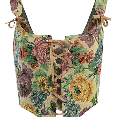 Dreay Womens Vintage Floral Print Grommet Lace Up Tie Front Corset Bustier Shapewear Top 21216-Cream-XXL