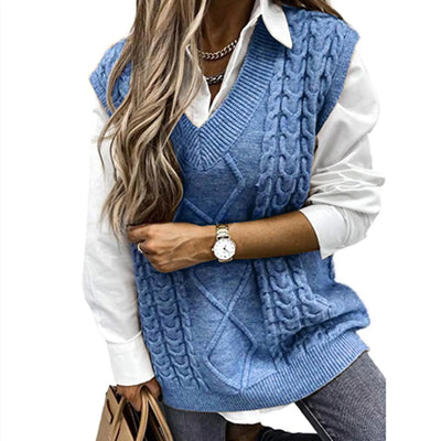 Chaleco de suéter para mujer Hyipels, de punto suelto con trenzas, sin mangas, cuello en V, estilo casual, tallas S-XL