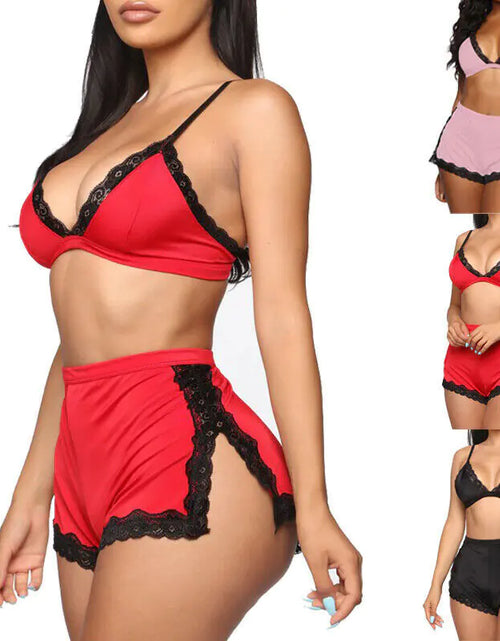 Charger l'image dans la visionneuse de galerie, Ensemble de Lingerie et Vêtements de Nuit en Dentelle à Col V Plongeant pour Femme
