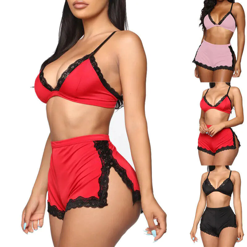 Ensemble de Lingerie et Vêtements de Nuit en Dentelle à Col V Plongeant pour Femme