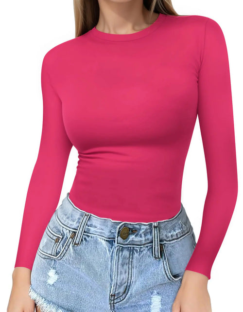Charger l'image dans la visionneuse de galerie, T-shirt à manches longues à col rond MANGOPOP pour femmes, coupe ajustée, col montant, hauts basiques (LargeRose Pink)
