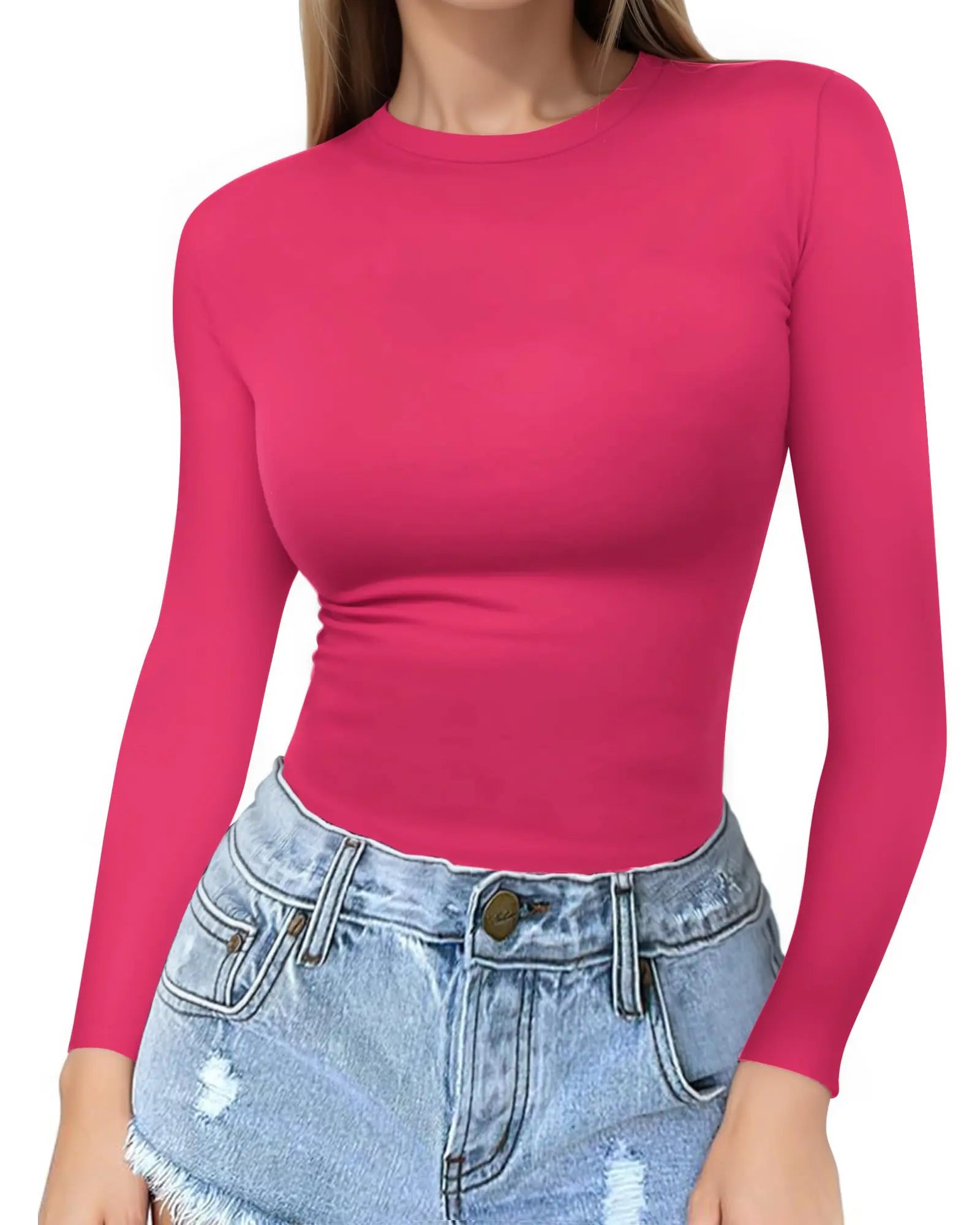 T-shirt à manches longues à col rond MANGOPOP pour femmes, coupe ajustée, col montant, hauts basiques (LargeRose Pink)