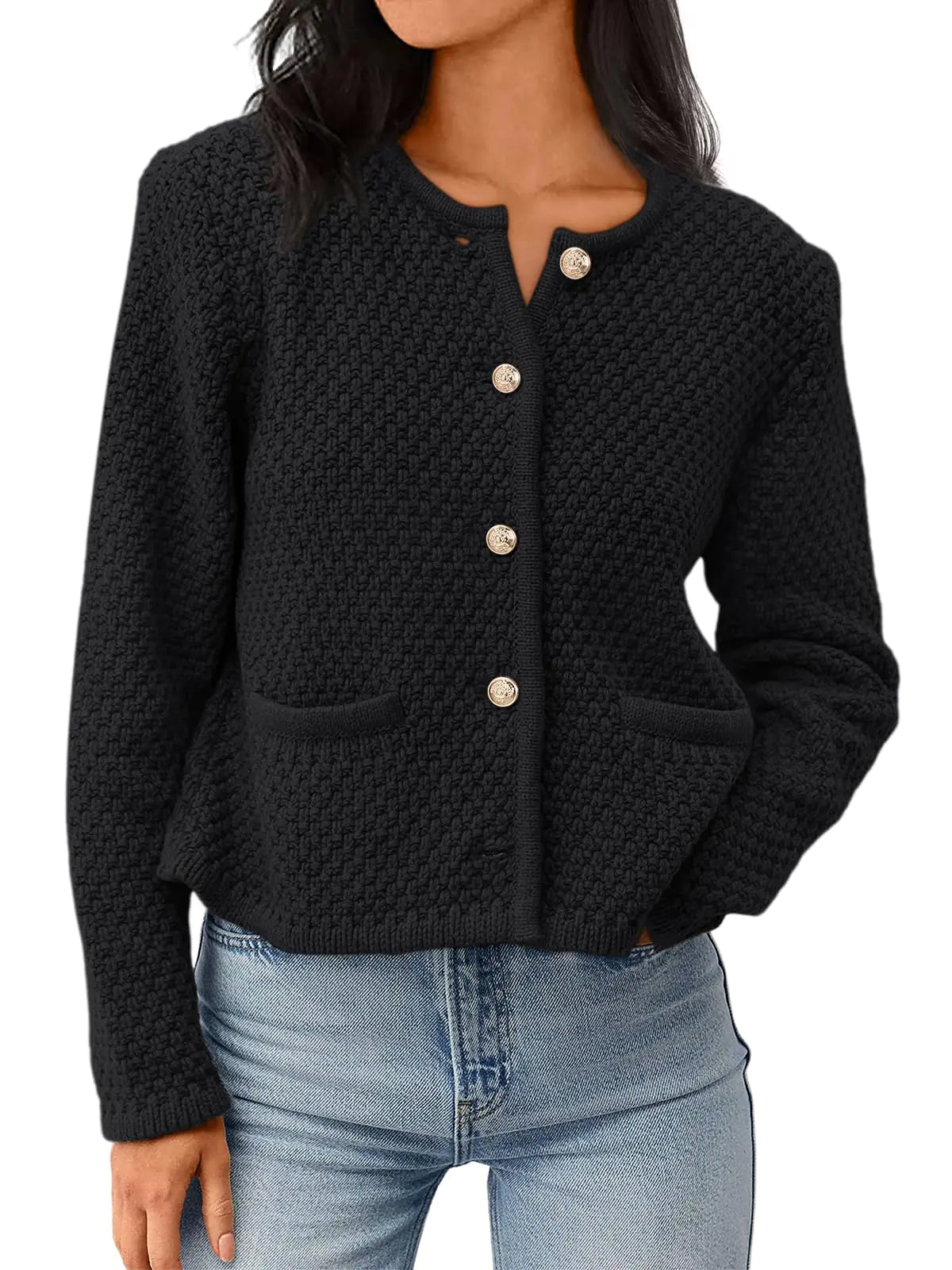 LILLUSORY Cárdigan de punto de manga larga con cuello redondo para mujer, con botones, elegante, casual, ligero, con bolsillos de parche, color negro, talla M