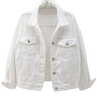 Locachy Womens Casual Denim Jacket Solid Color Basic Long Sleeve Jean Jacket Coat White XL
