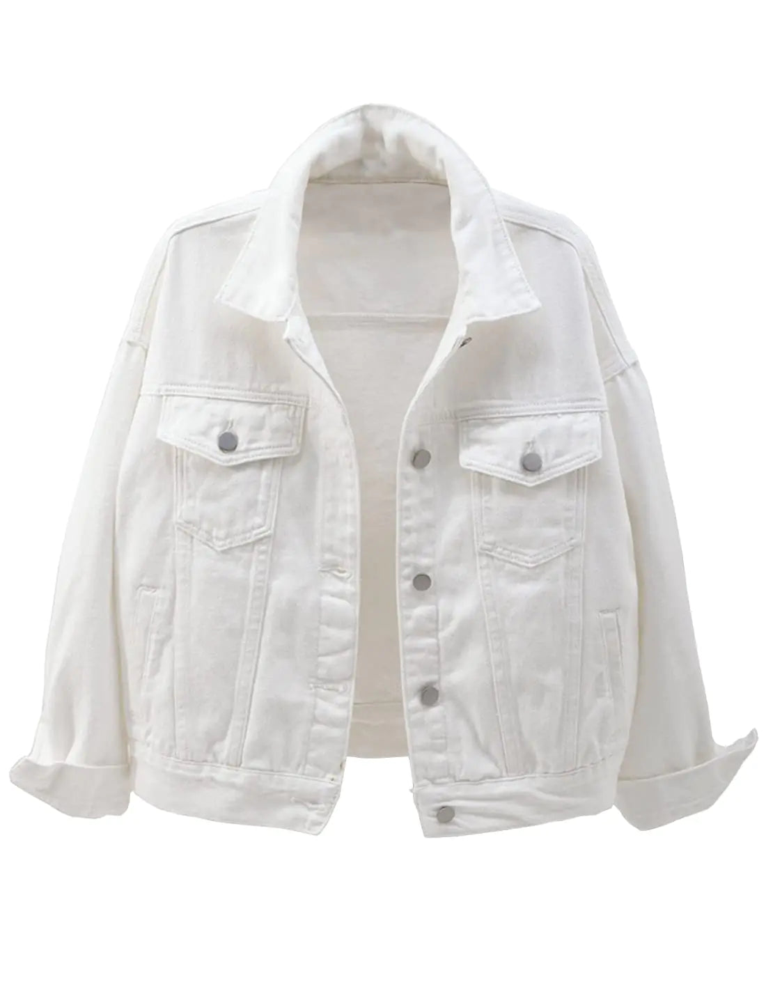 Locachy Womens Casual Denim Jacket Solid Color Basic Long Sleeve Jean Jacket Coat White XL
