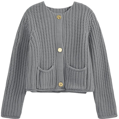 Saodimallsu Suéteres de Punto Grueso con Botones para Mujer Otoño, Jersey Recortado de Moda con Cuello Redondo Holgado, Cárdigan con Bolsillos, Gris