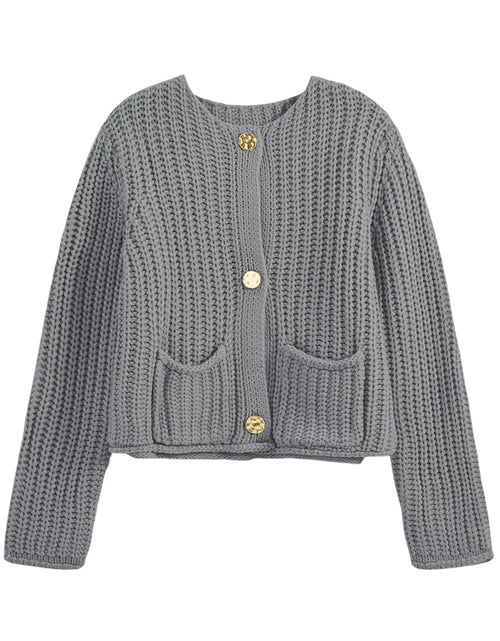 Cargar imagen en el visor de la galería, Saodimallsu Suéteres de Punto Grueso con Botones para Mujer Otoño, Jersey Recortado de Moda con Cuello Redondo Holgado, Cárdigan con Bolsillos, Gris
