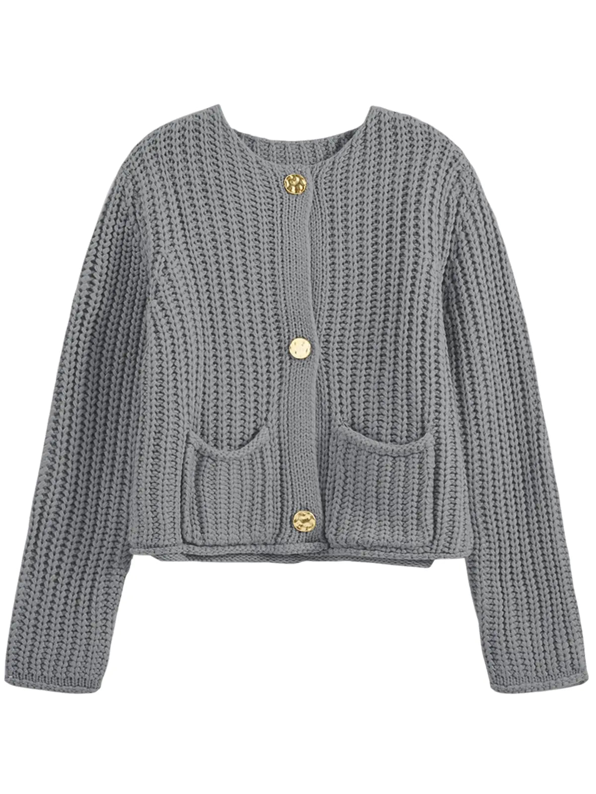 Saodimallsu Suéteres de Punto Grueso con Botones para Mujer Otoño, Jersey Recortado de Moda con Cuello Redondo Holgado, Cárdigan con Bolsillos, Gris