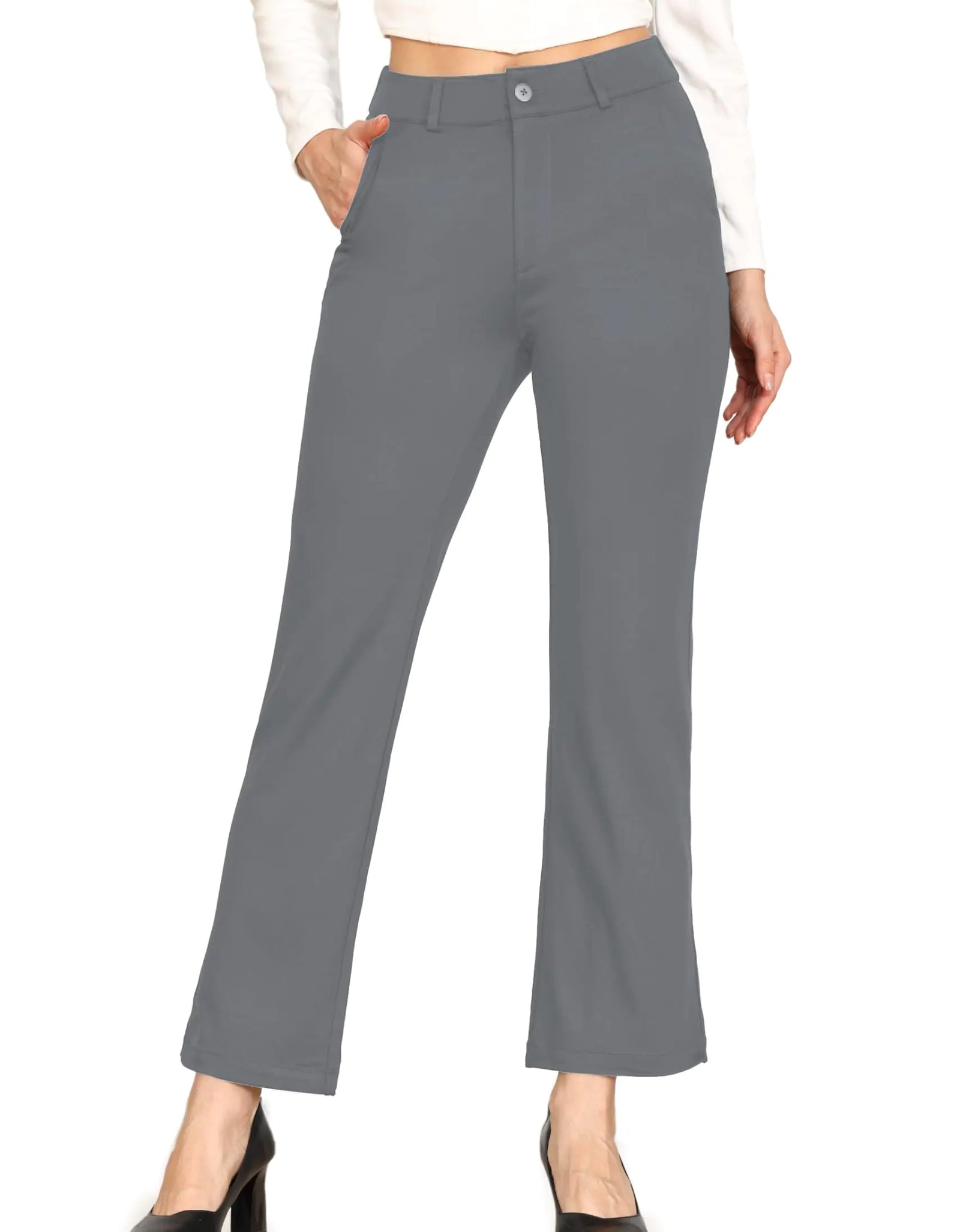 Bamans Pantalones de vestir para mujer de negocios, casuales, de pierna ancha para mujer, leggings acampanados, pantalones de oficina grises, tiro alto, corte bota con bolsillos