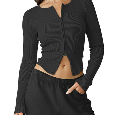 OSTAUG - Tops de manga larga para mujer, suéter tipo cárdigan corto con doble cremallera, chamarra de gimnasio para correr (negro, grande)