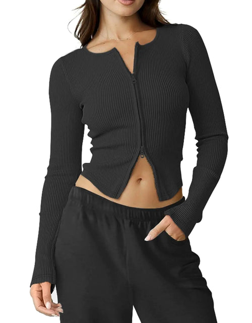 Load image into Gallery viewer, OSTAUG Womens Long Sleeve Workout Tops Double Zipper Cropped Cardigan Sweaters Running Gym Jacket (Black Large)
