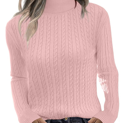 Zeagoo Womens Sweaters 2024 Turtleneck Cable Knit Long Sleeve Slim Fitted Basic Fall Tops Pink