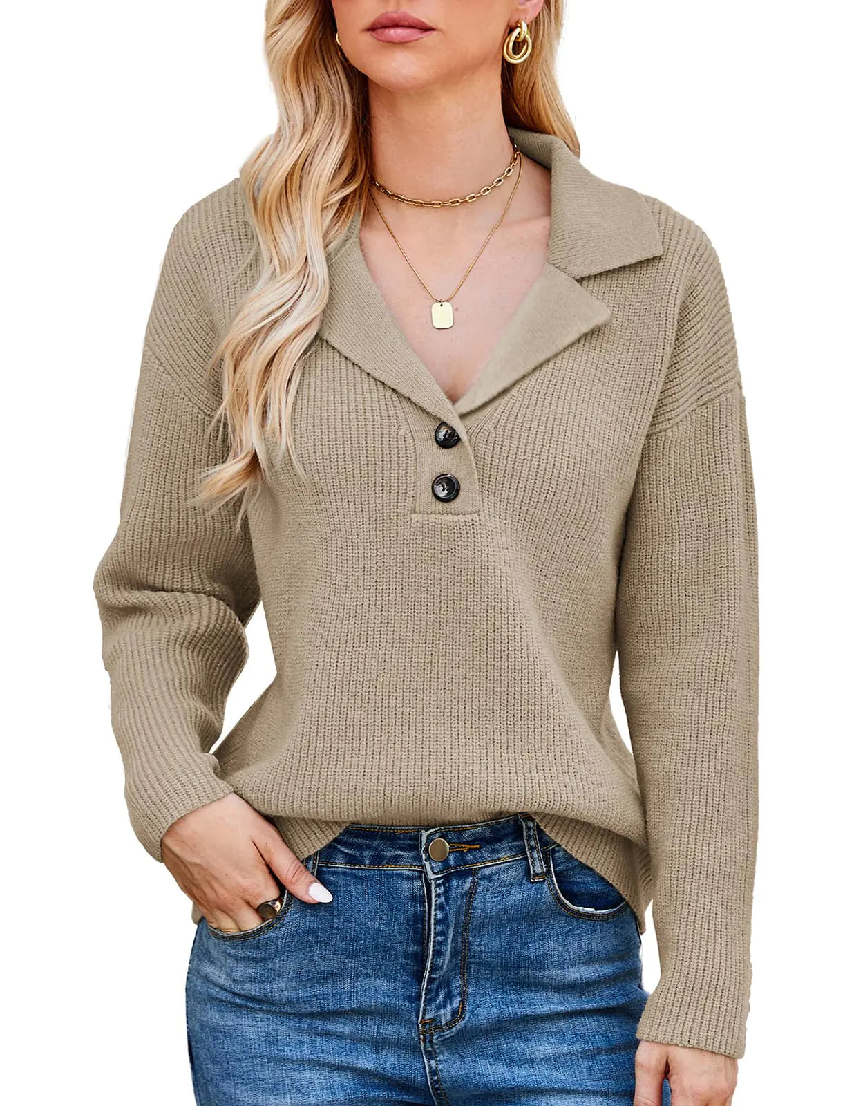 GRACE KARIN Womens Fall Sweaters 2024 Knitted Long Sleeve Collared Button Pullover Sweater for Women Casual (KhakiM)