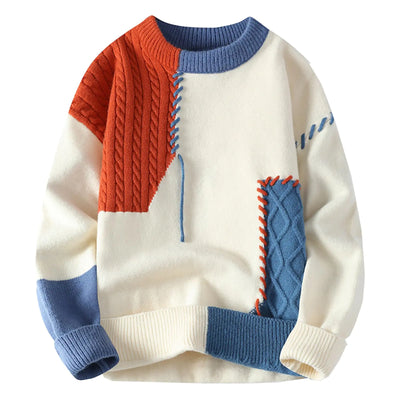 Cambkatl Mens Stylish Patchwork Sweaters Loose Fit Crewneck Color Block Cable Knit Pullovers Long Sleeve Jumper Tops