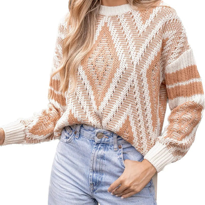 CUPSHE Women Round Neck Sweater Knit Geometric Patterned Casual Tops Long Sleeves Sweaters White