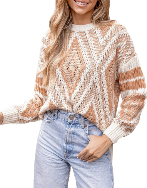 Cargar imagen en el visor de la galería, CUPSHE Suéter de punto de cuello redondo con estampado geométrico para mujer, blusas informales, suéteres de manga larga, color blanco
