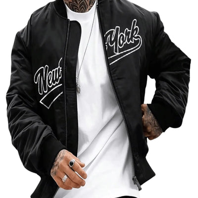 BEAUDRM Mens Letter Printed Long Sleeve Bomber Jackets Zip Up Outerwear Coats Black X-Small