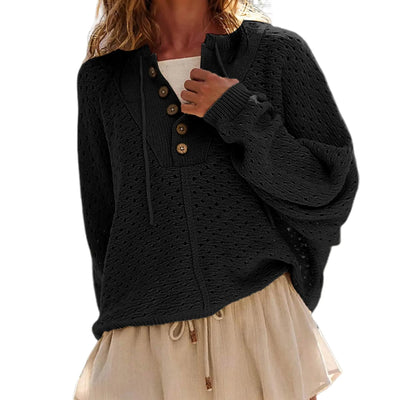TIQOJE Hoodies for Women Oversized Knit Sweatshirt Long Sleeve Button Drawstring V Neck Pullover Sweaters(Black-M)