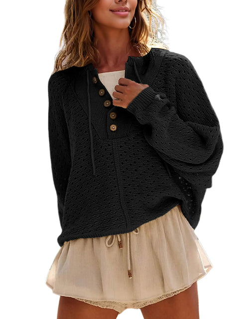 Load image into Gallery viewer, TIQOJE Hoodies for Women Oversized Knit Sweatshirt Long Sleeve Button Drawstring V Neck Pullover Sweaters(Black-M)
