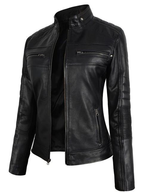 Load image into Gallery viewer, STOREJEES Womens Leather Jacket | Cafe Racer Black XXL Jacket
