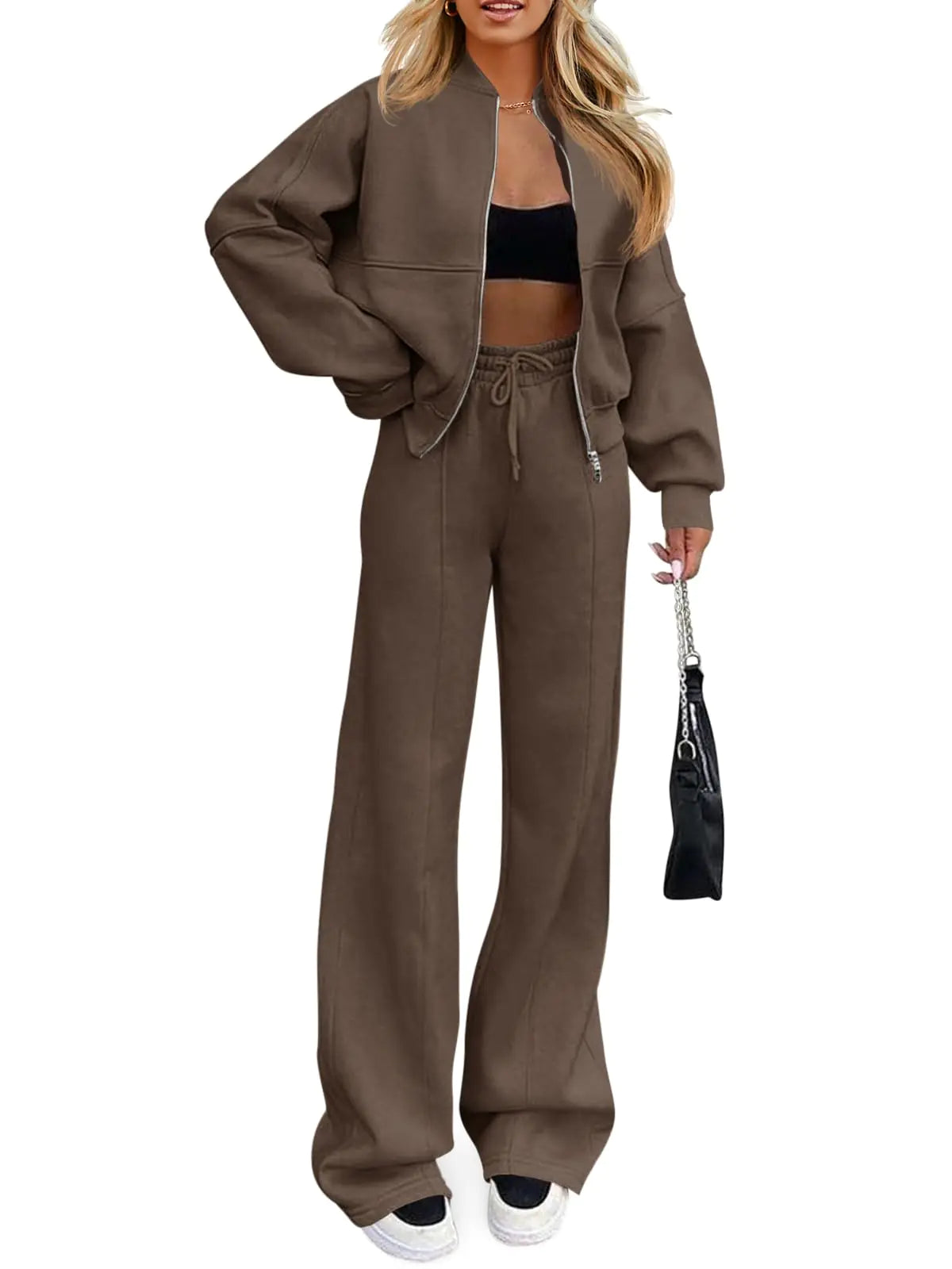 Fisoew Womens Two Piece Outfits Sweatsuits Long Sleeve Zip Up Sweatshirts and Wide Leg Sweatpants Tracksuit Sets