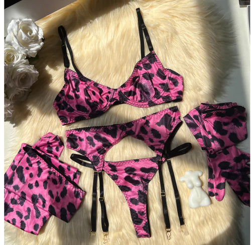 Cargar imagen en el visor de la galería, Conjunto de lencería de lujo con estampado de leopardo (un conjunto)
